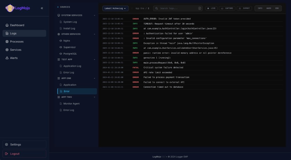 Log management Screenshot